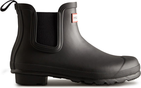 Black waterproof ankle boot with elastic side panel and heel pull tab.