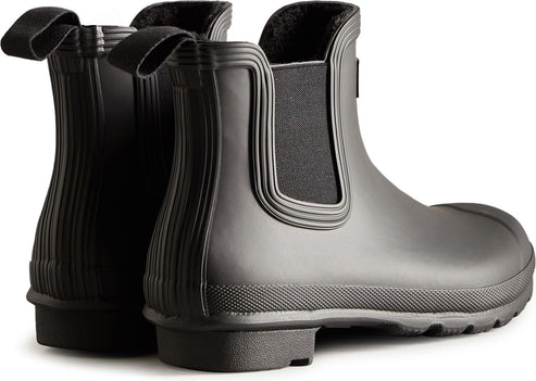 Pair of matte black, ankle-height Chelsea rain boots.