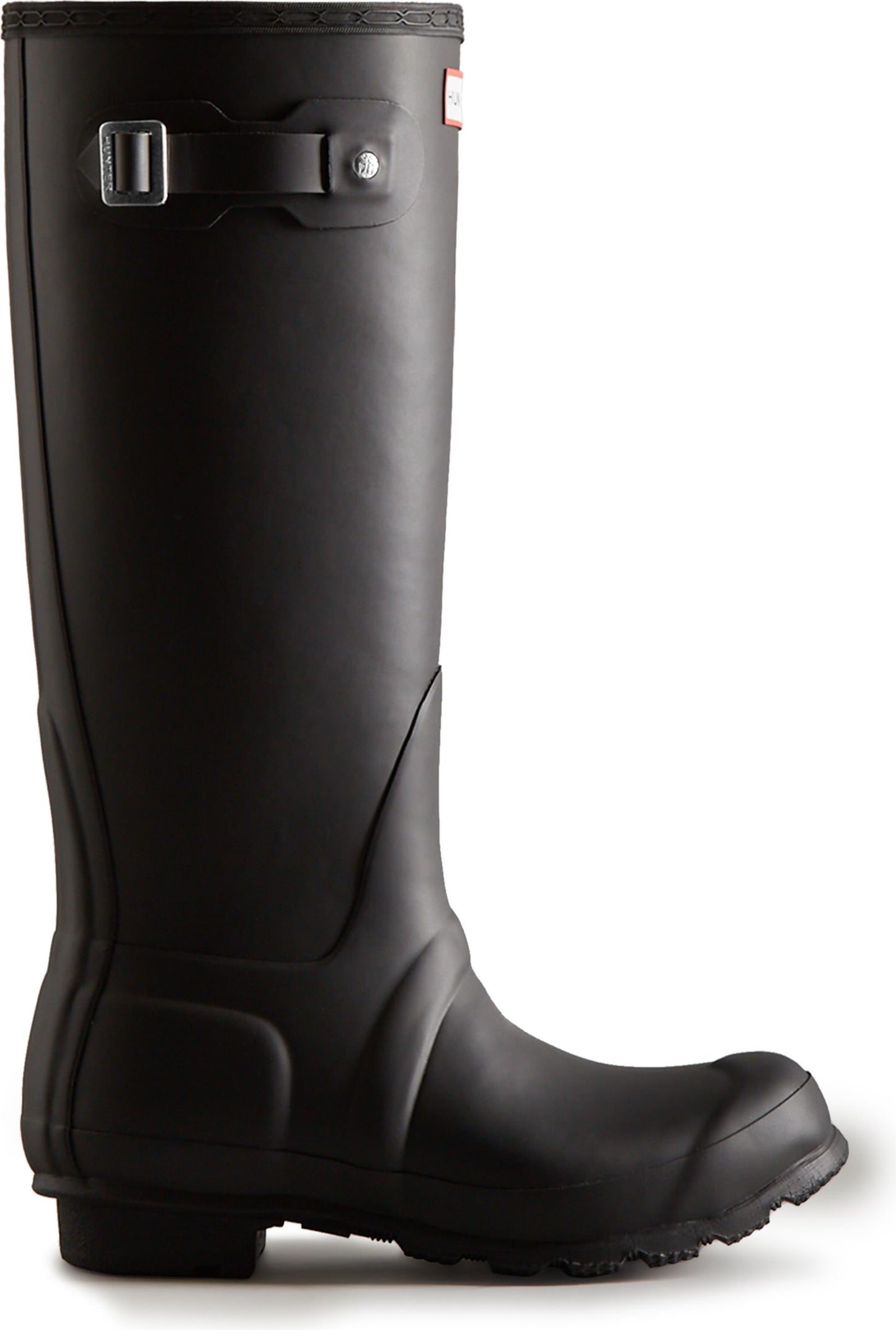 Tall, matte-black rain boot with buckle.