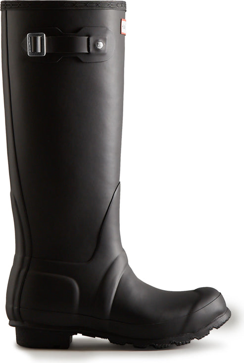 Tall, matte-black rain boot with buckle.