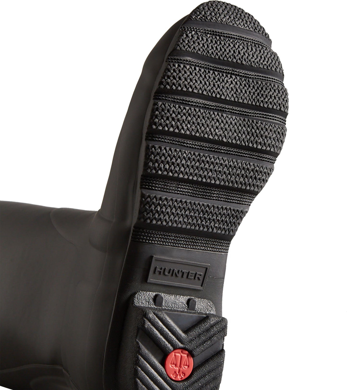 Close-up of the sole of a rubber boot featuring horizontal treads and a Hunter logo.