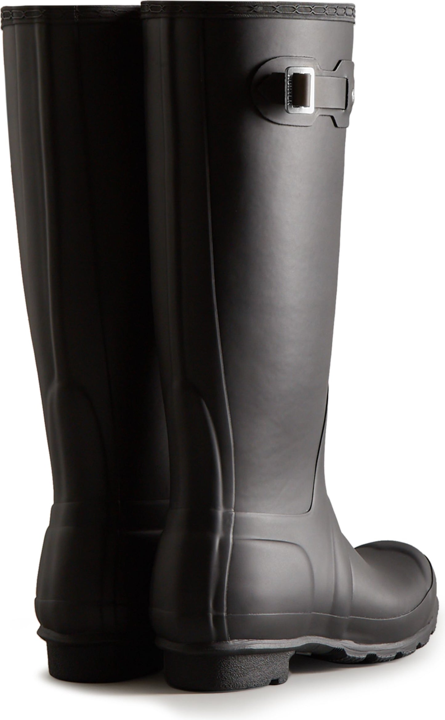Pair of tall, matte black rain boots with a silver buckle on the side.