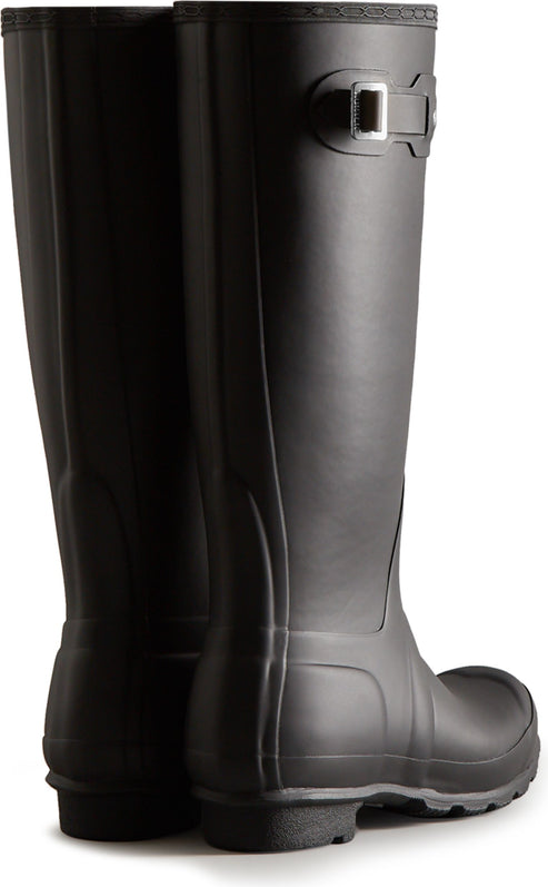 Pair of tall, matte black rain boots with a silver buckle on the side.