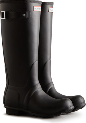 Pair of matte black knee-high rain boots with side buckle.