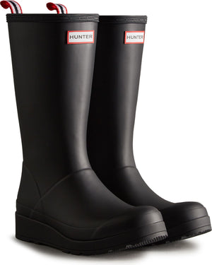 Pair of tall black rain boots with the word HUNTER near the top of each boot.