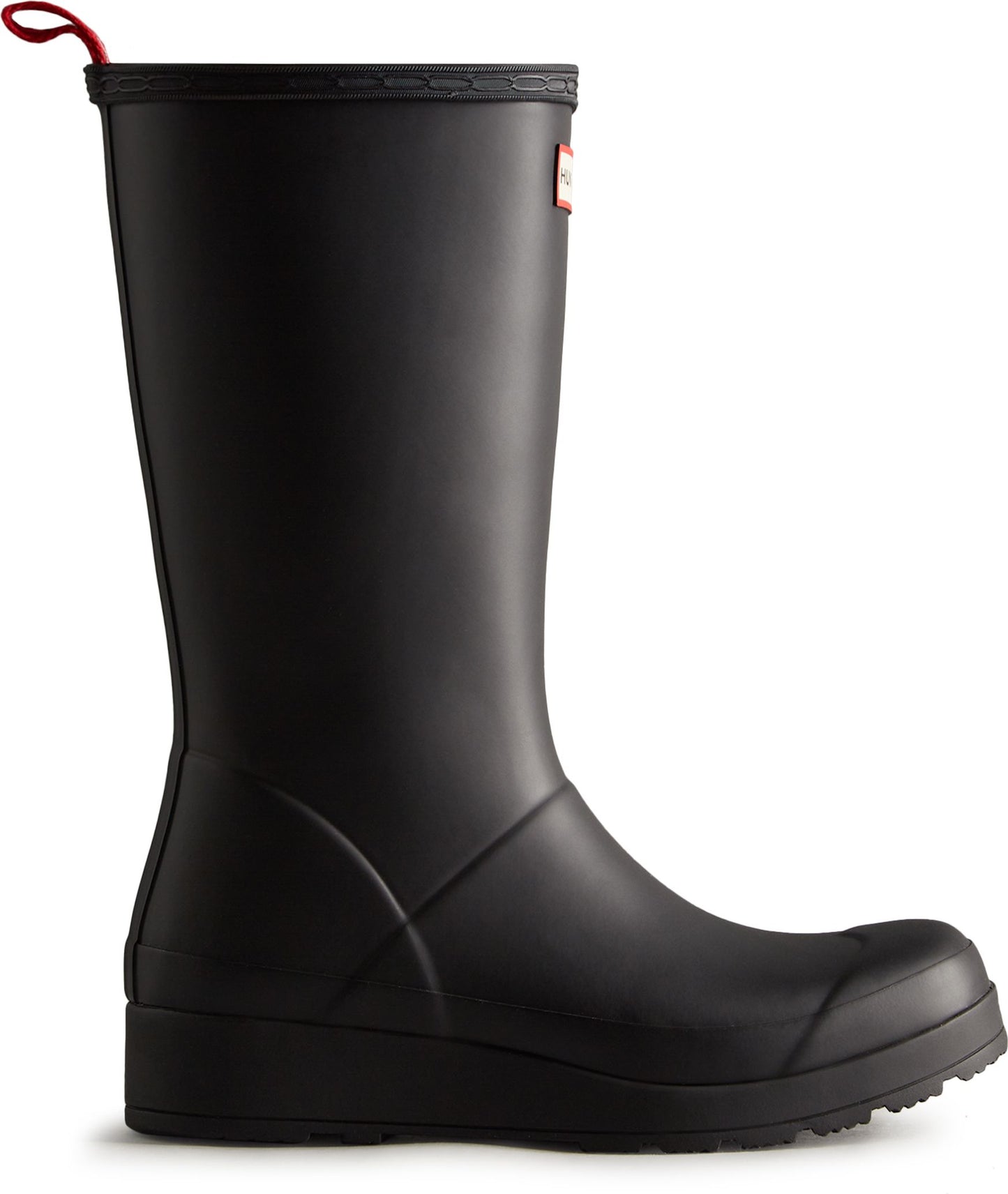 Tall matte black boot with red loop at the back.