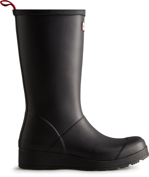 Tall matte black boot with red loop at the back.