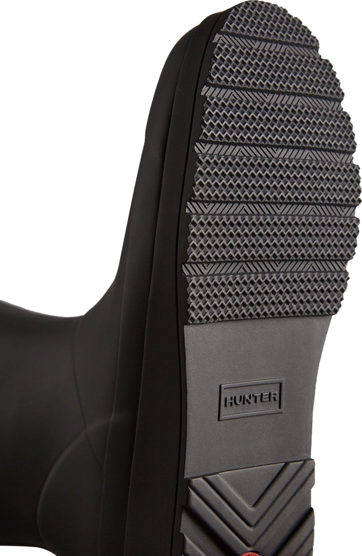 Black boot sole with deep tread and 'HUNTER' text