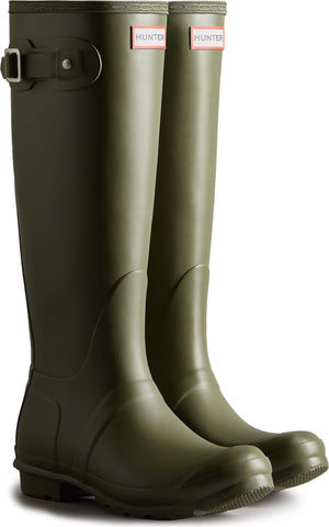 Pair of knee-high, olive green rain boots with buckle.