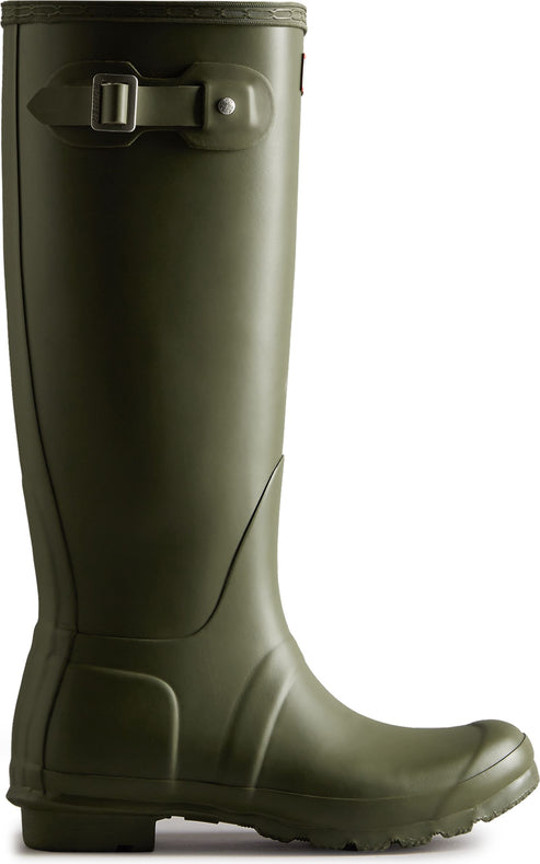 Tall matte olive rubber boot with adjustable buckle.