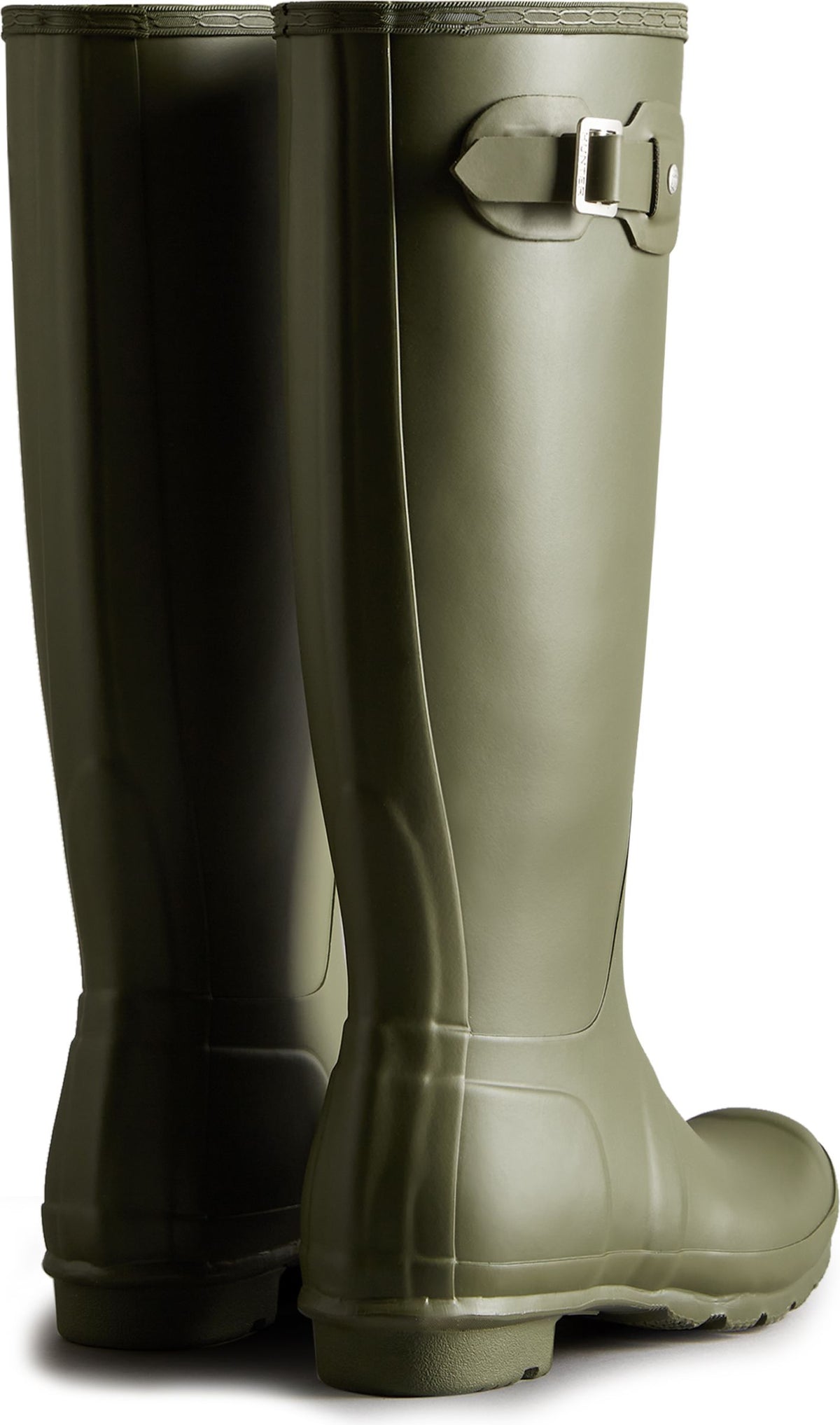Pair of olive green, high-cut, waterproof boots with adjustable straps.