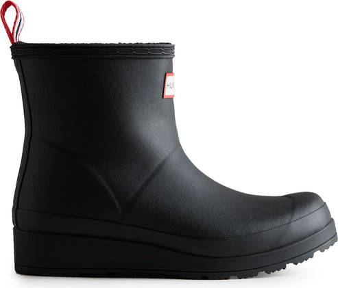 Black, ankle-height rain boot with red and white heel pull tab.
