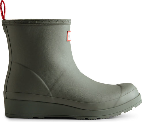 Olive green ankle rain boot with red pull tab and gray trim.