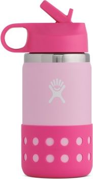 Pink stainless steel child's water bottle with straw, handle, and silicone sleeve.