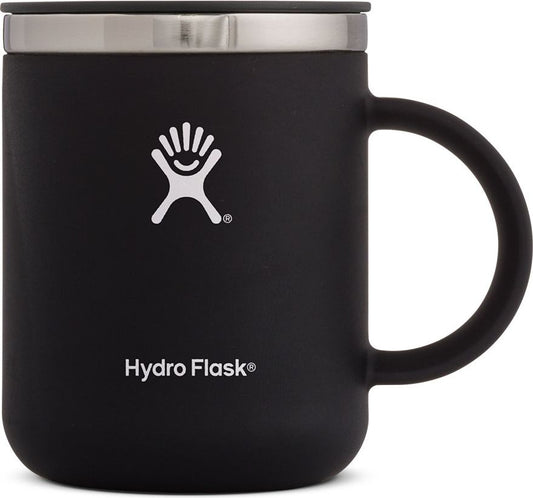 Matte black mug with handle and lid, and the logo with hand and smiling face, also the text "Hydro Flask".