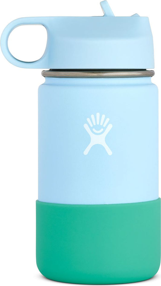 A short, baby blue water bottle with a green bumper and light blue lid with straw.