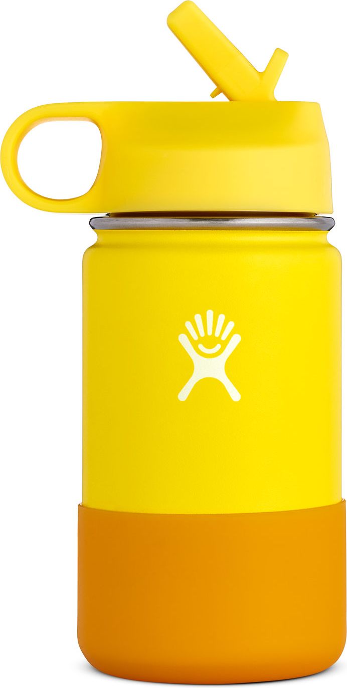 Yellow Hydro Flask water bottle with yellow straw lid and orange boot.