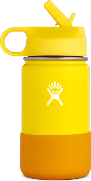 Yellow Hydro Flask water bottle with yellow straw lid and orange boot.