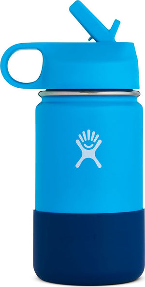Blue stainless steel water bottle with a straw and protective bottom.