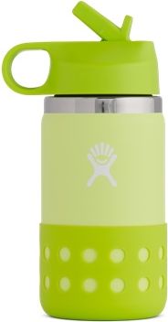 Green and yellow water bottle with straw lid and silicone sleeve.