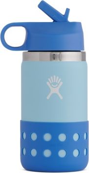 Light blue cylindrical water bottle with a dark blue rubber bumper, lid, and straw.