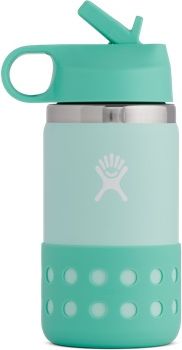 Aqua metal water bottle with straw and silicone bottom.