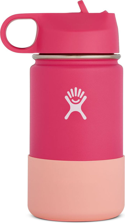 Pink water bottle with handle and straw lid, features a white logo and peach-colored boot.