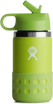 A short lime green stainless steel bottle with a white palm logo, a lime green lid with a straw, and a lime green perforated rubber sleeve.
