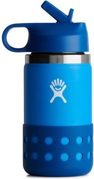 Blue water bottle with straw and protector.