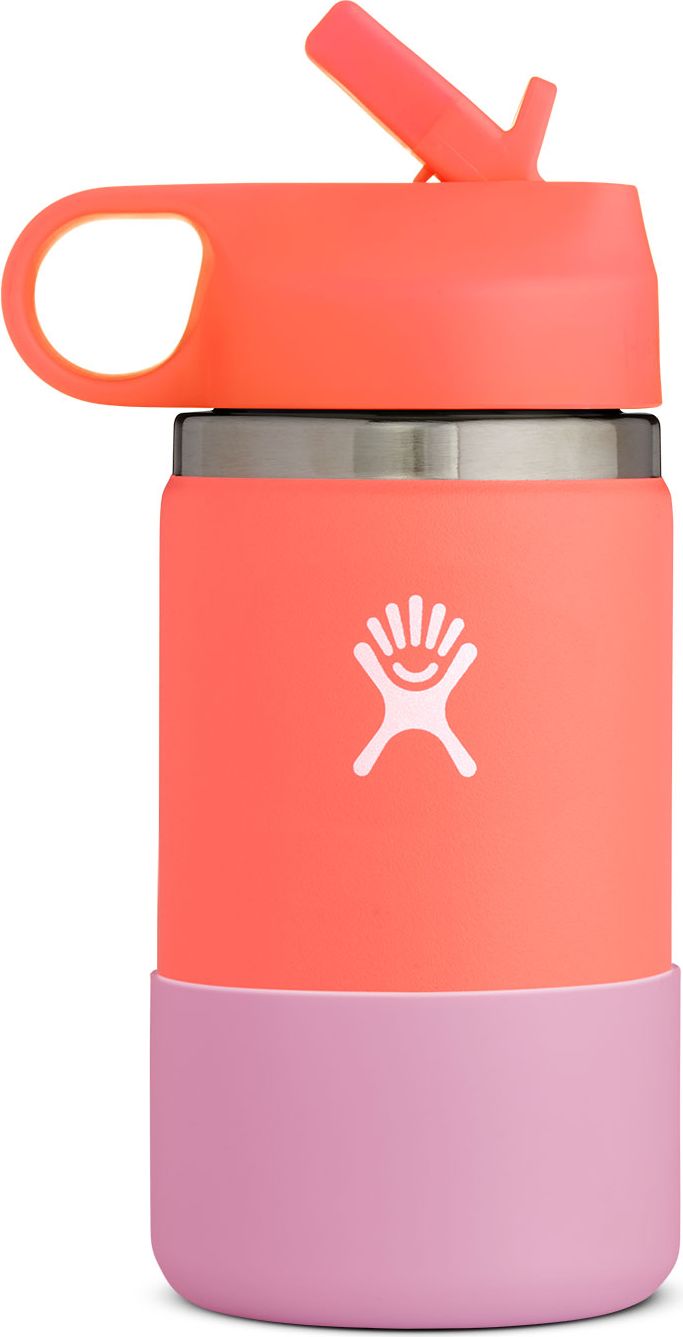 A coral and pink water bottle with a straw.