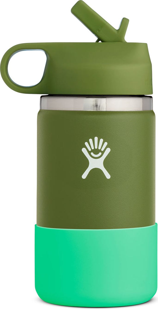 Green and teal metal water bottle with a green drinking spout.