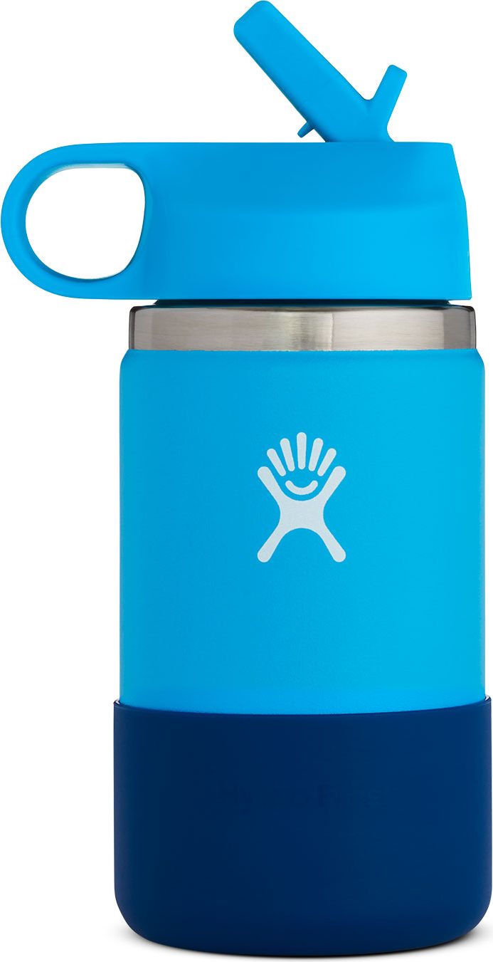 Blue water bottle with straw and handle; white logo.