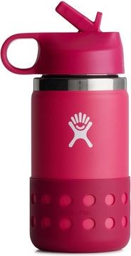 Red hydro flask with a straw and protective boot.