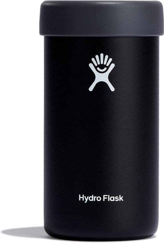 Black cylindrical container with a gray top and the words "Hydro Flask" printed near the bottom.