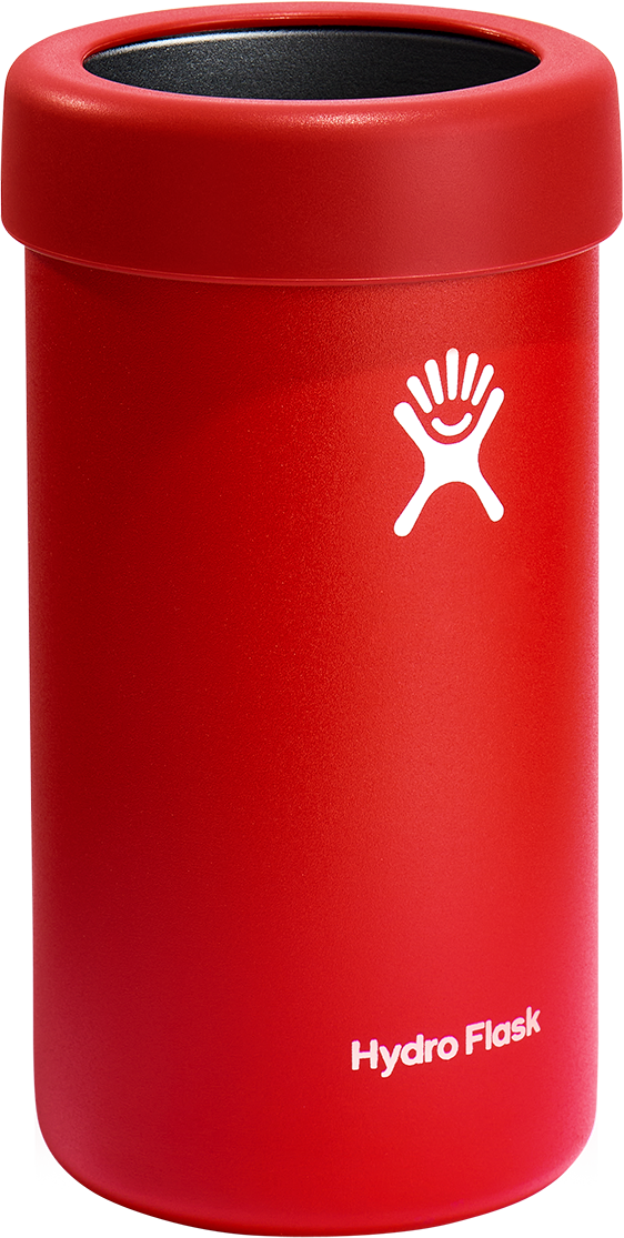 Red cylindrical insulated beverage container with visible logo, text reading 'Hydro Flask', and a black interior.