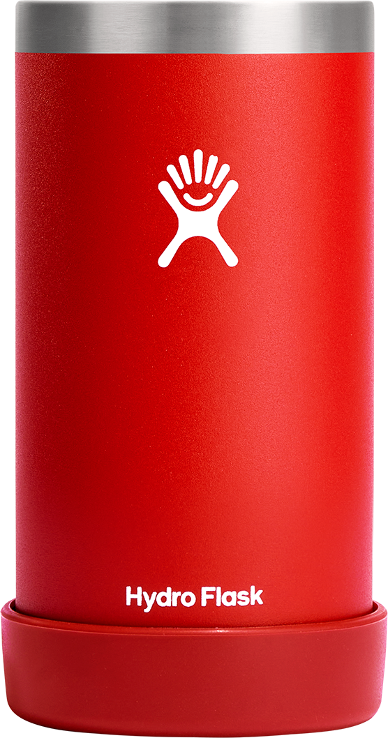 Red flask with stainless steel top and base, logo and text on the body