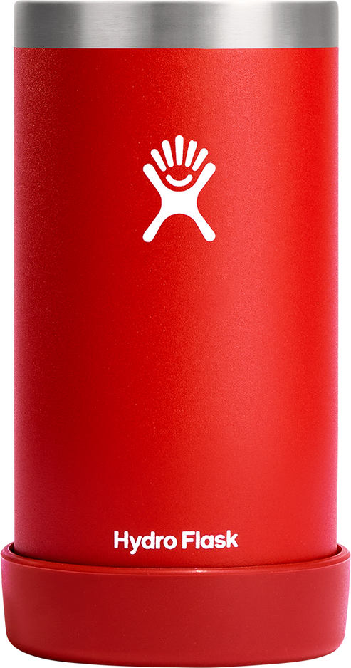 Red flask with stainless steel top and base, logo and text on the body