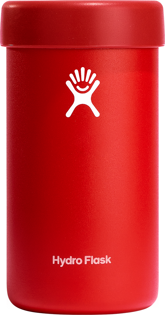 Red cylindrical can cooler with a white logo and "Hydro Flask" text.