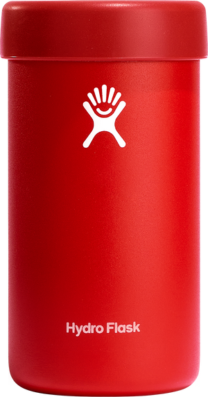Red cylindrical can cooler with a white logo and "Hydro Flask" text.