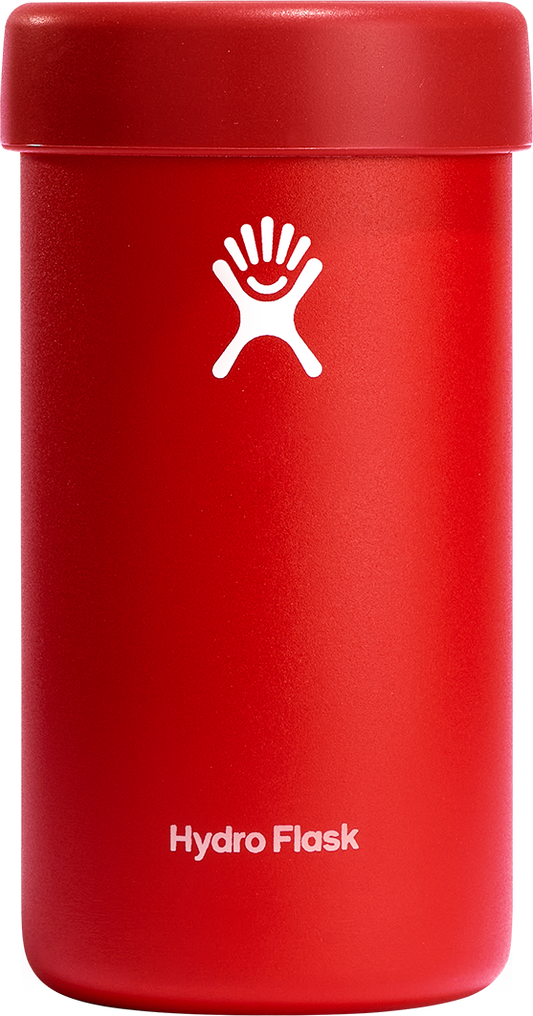 Red cylindrical can cooler with a white logo and "Hydro Flask" text.