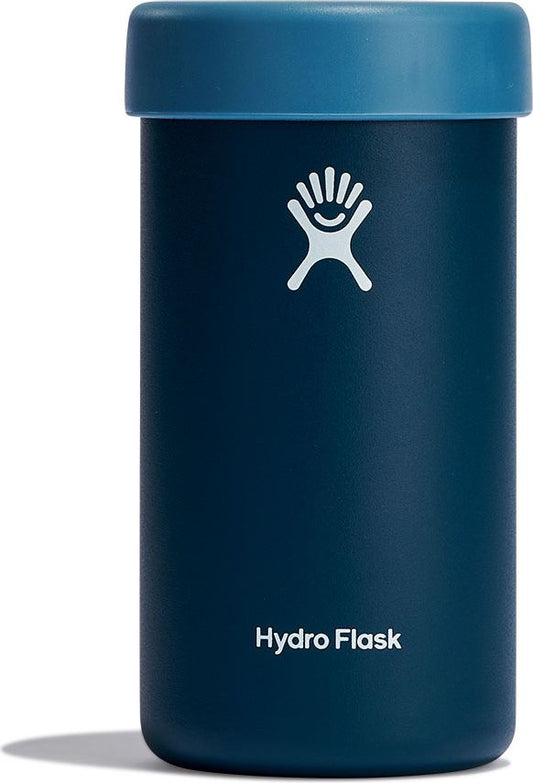 Blue can cooler with a white figure logo and the text "Hydro Flask" printed on the front.