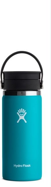 A teal water bottle with a black lid and handle, featuring a white logo and the text "Hydro Flask".