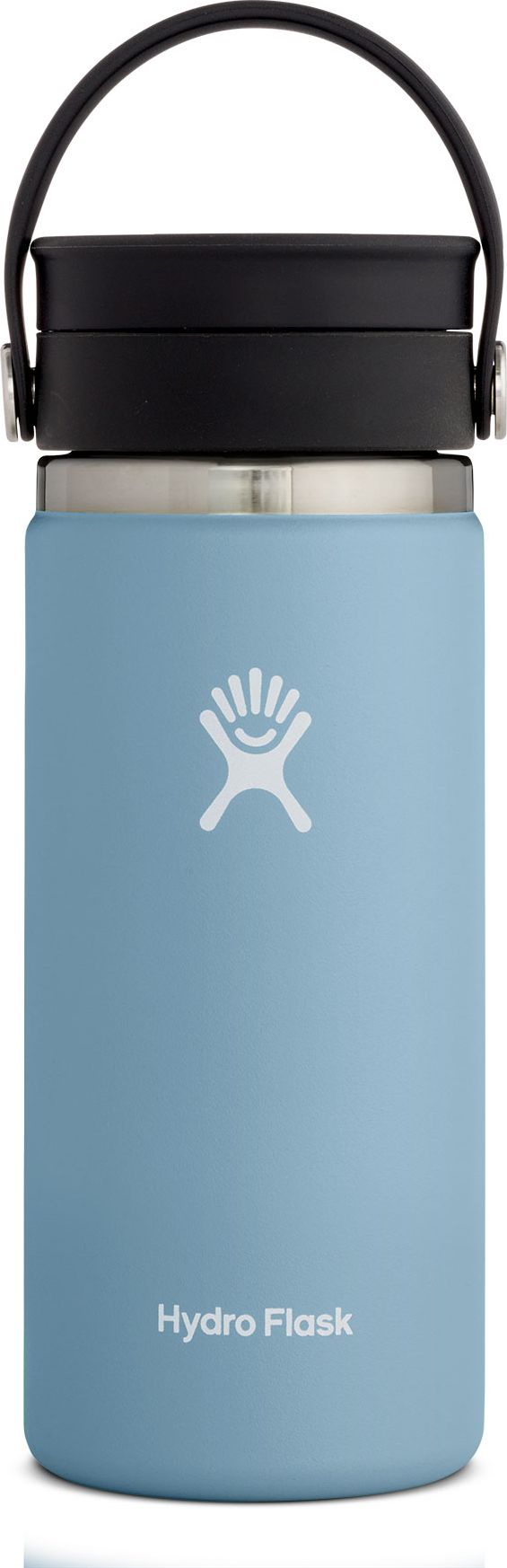 A light blue water bottle with a black cap and handle.