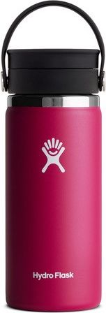 Red water bottle with black lid and handle.