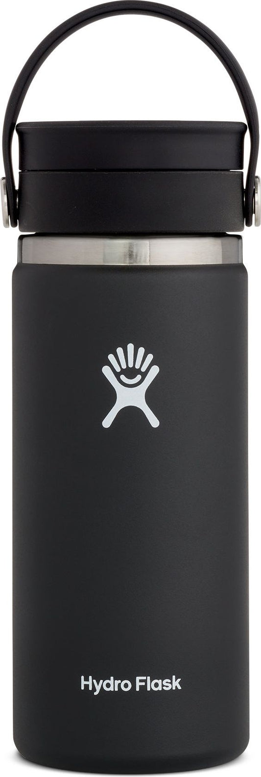 A black Hydro Flask water bottle with a black cap and a carrying handle.