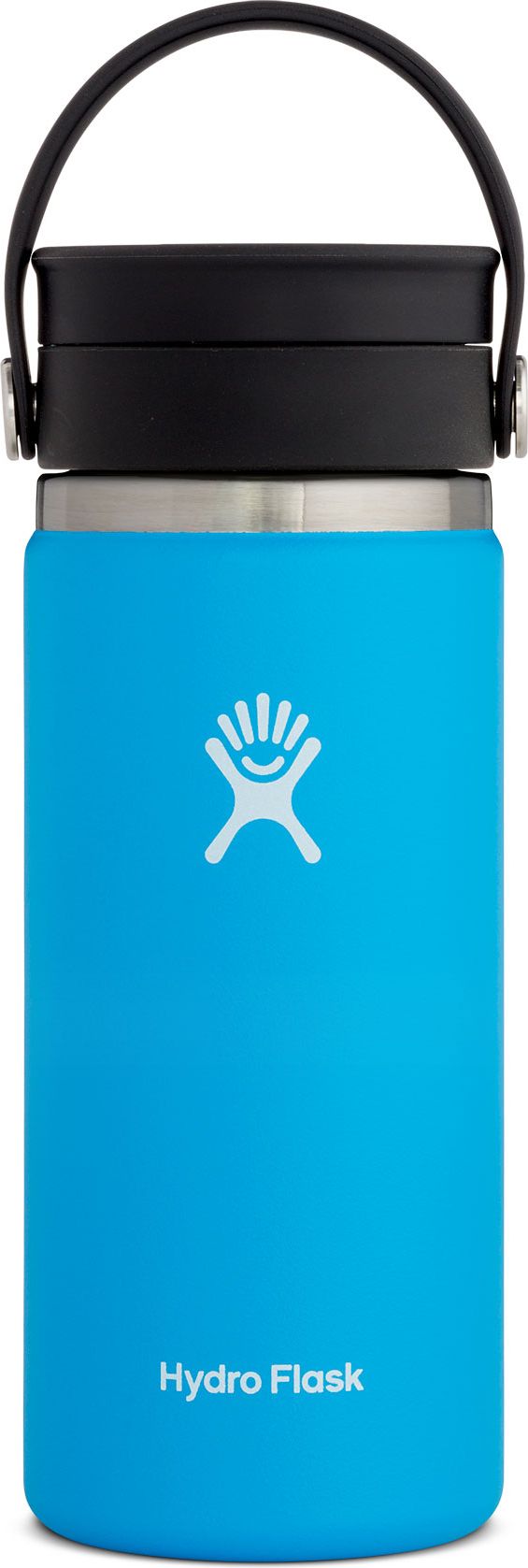 A light blue Hydro Flask water bottle with a black lid and handle.