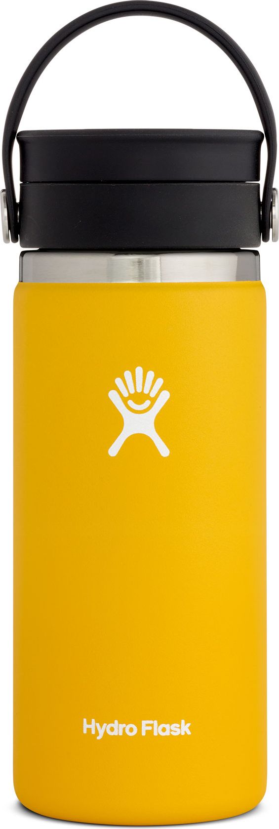 A yellow insulated beverage bottle with a black lid and carry handle.