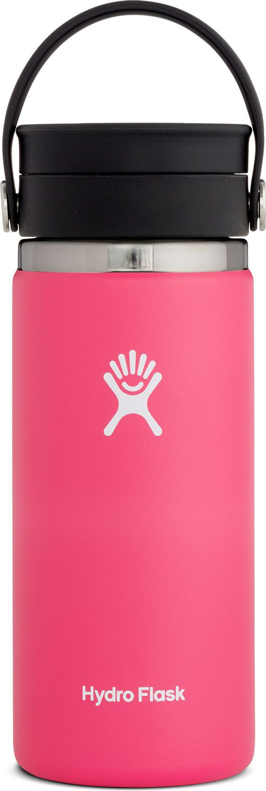 Pink water bottle with black cap and handle, white Hydro Flask logo.