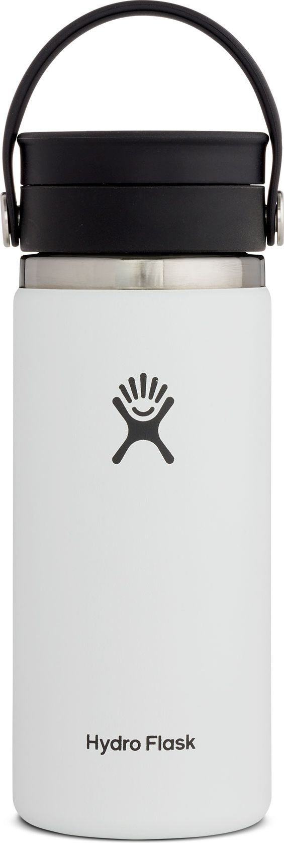 A white water bottle with a black cap and handle, and a logo of a smiling stick figure.