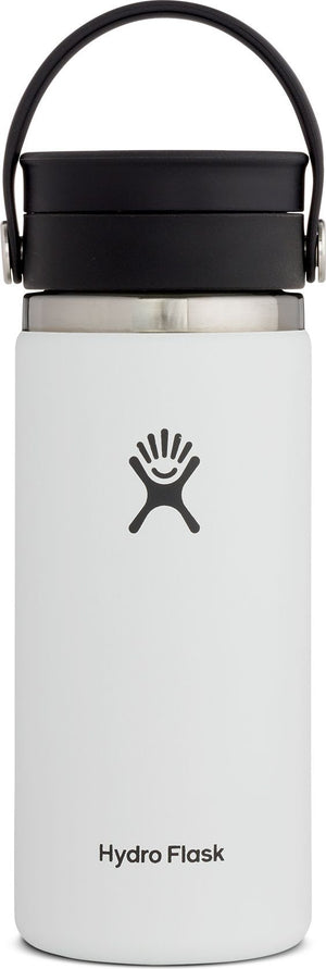 A white water bottle with a black cap and handle, and a logo of a smiling stick figure.